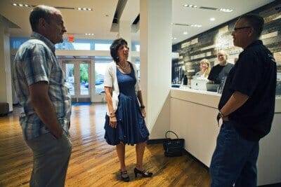 August 19, 2015 - Barbara B. Newman (center) talks to Jay Sieleman (left), president and CEO of the Blues Foundation, and Joe Whitmer (right), Chief Operating Officer of the Blues Foundation, inside the Blues Hall of Fame Wednesday. Newman will become the new president and CEO of the Memphis-based Blues Foundation, replacing the retiring Sieleman. She will take over responsibilities starting October 1. (Yalonda M. James/The Commercial Appeal)